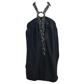 Vera Wang Camicetta di seta senza maniche con scollo all'americana impreziosita da strass neri Nero