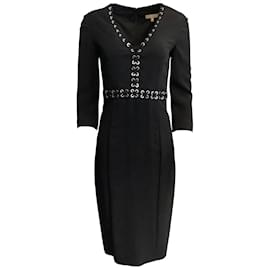 Michael Kors-Michael Kors Collection Black 3/4 Sleeve Lace Up Dress-Black