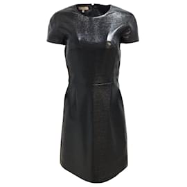 Michael Kors-Michael Kors Collection Black Short Sleeved Crinkled Faux Patent Leather Dress-Black