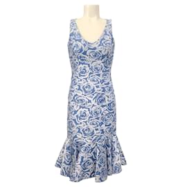Michael Kors-Michael Kors Collection Cadet Blue / White Rose Print Sleeveless Flared Dress-Blue