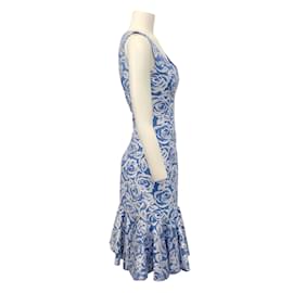 Michael Kors-Michael Kors Collection Cadet Blue / White Rose Print Sleeveless Flared Dress-Blue