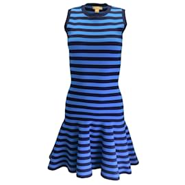 Michael Kors-Michael Kors Collection Maritime Blue Striped Sleeveless Flared Stretch Knit Dress-Blue