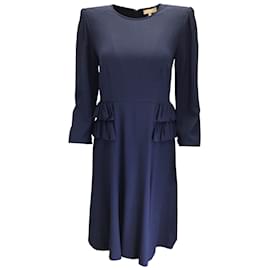 Michael Kors-Michael Kors Collection Navy Blue Ruffled Crepe Dress in Maritime-Blue