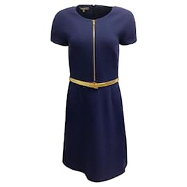 Michael Kors-Michael Kors Navy Blue / Gold Metallic Belted Short-sleeved Wool Crepe Short Casual Dress-Blue