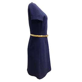 Michael Kors-Michael Kors Navy Blue / Gold Metallic Belted Short-sleeved Wool Crepe Short Casual Dress-Blue