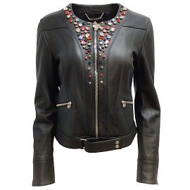 Philipp Plein Giacca con zip intera impreziosita da teschi ingioiellati in pelle nera multi Nero