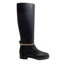 Pierre Hardy-Pierre Hardy Black Leather Tall Pull On Boots With Gold Zipper Detail-Black