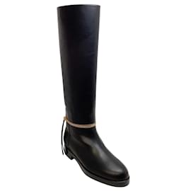 Pierre Hardy-Pierre Hardy Black Leather Tall Pull On Boots With Gold Zipper Detail-Black