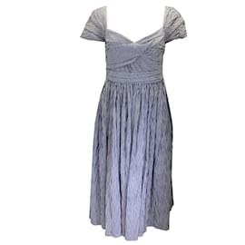 Prabal Gurung-Prabal Gurung Indigo / White Striped Short Sleeved Ruched A-Line Midi Dress-Blue