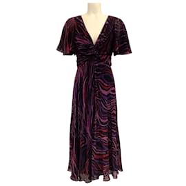 Prabal Gurung-Prabal Gurung Purple Multi Velvet Flutter Sleeve Twist Front Midi Dress-Purple