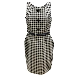 Prada-Prada Beige / Black Belted Checkered Sleeveless Wool Work/Office Dress-Beige