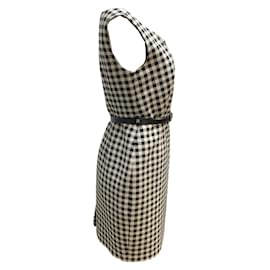 Prada-Prada Beige / Black Belted Checkered Sleeveless Wool Work/Office Dress-Beige
