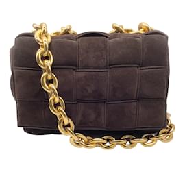 Bottega Veneta-Bottega Veneta Cassette Brown / Gold Chunky Chain Woven Suede Leather Shoulder Bag-Brown