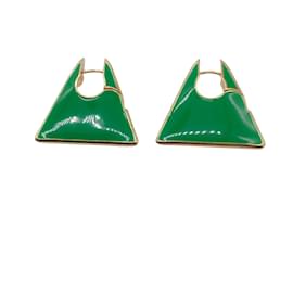 Bottega Veneta-Bottega Veneta Green Enamel 18K Gold Plated Silver Triangle Earrings-Green