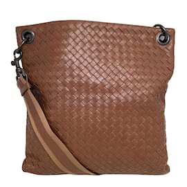 Bottega Veneta-Bottega Veneta Messenger Intrecciato Flat Brown Leather Cross Body Bag-Brown