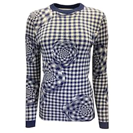 Autre Marque-Brandon Maxwell Navy Blue / White Floral Gingham Long Sleeved Wool Crewneck Sweater-Blue