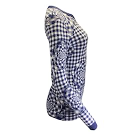 Autre Marque-Brandon Maxwell blu navy / Maglione girocollo in lana a maniche lunghe a quadretti floreali bianchi-Blu