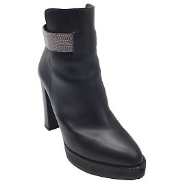 Brunello Cucinelli Black Monili Beaded Strap High Heeled Leather Platform Boots/Booties Black