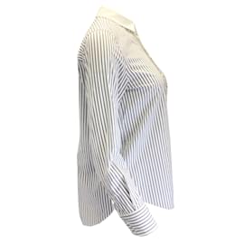 Brunello Cucinelli-Brunello Cucinelli Gris / Camisa blanca de algodón con botones a rayas y detalle de cuentas de Monili-Gris