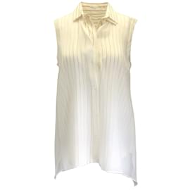 Brunello Cucinelli-Brunello Cucinelli Marfim / Blusa de seda listrada bordô sem mangas com botões-Cru