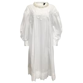 Simone Rocha-Simone Rocha Weißes Baumwollkleid mit langen Puffärmeln und Perlendetail-Weiß