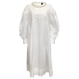 Vestido Simone Rocha Algodón Blanco Manga Larga Abullonada Detalle Perlas Blanco