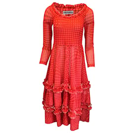 Autre Marque-Molly Goddard Red / Pink Long Sleeved Gingham Mesh Midi Dress-Red
