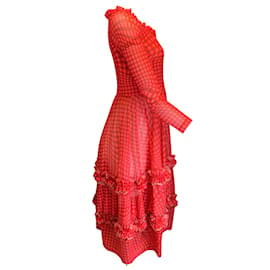 Autre Marque-Molly Goddard Red / Pink Long Sleeved Gingham Mesh Midi Dress-Red