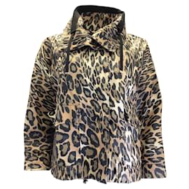 Moncler-Moncler Tan / Schwarze „Ivoire“-Jacke mit durchgehendem Reißverschluss und Leopardenmuster-Kamel