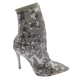 Gianvito Rossi-Gianvito Rossi Silver Metallic Daze Sequined Stretch High Heeled Ankle Boots/Booties-Silvery