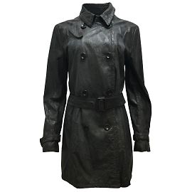Giorgio Armani Dark Brown Belted Double Breasted Crinkled Lambskin Leather Coat Brown