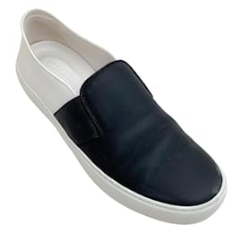 Chanel-Chanel Black Satin / White Leather Slip On Sneakers-Black