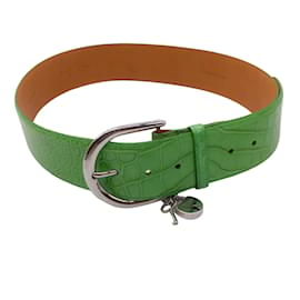 Ralph Lauren-Ralph Lauren Green / Silver Lock Charm Wide Alligator Skin Leather Belt-Green