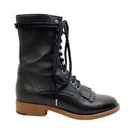 Chanel-Chanel Black Leather Combat with Brogue Detail Boots/Booties-Black