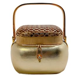 Judith Leiber-Judith Leiber Vintage Gold Leather Evening Bag with Metal Mesh Top-Golden