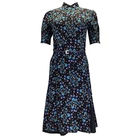 Altuzarra-Altuzarra Navy Blue Multi Belted Floral Printed Short Sleeved Button-down Silk Midi Dress-Blue