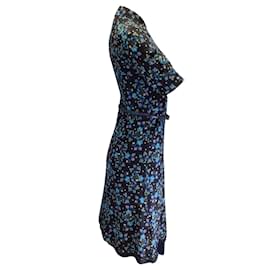 Altuzarra-Altuzarra Navy Blue Multi Belted Floral Printed Short Sleeved Button-down Silk Midi Dress-Blue