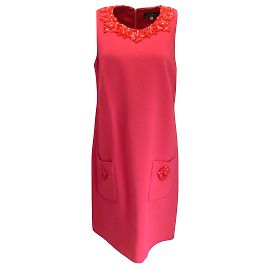 Andrew Gn Raspberry Pink / Red Beaded and Stone Embellished Collar Wool Crepe Shift Dress Pink