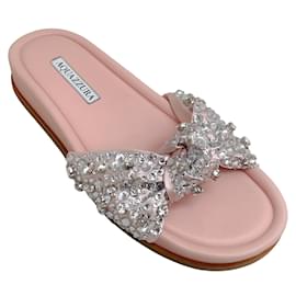 Aquazzura-Aquazzura Blush Satin Asja Crystal Slide Sandals-Pink
