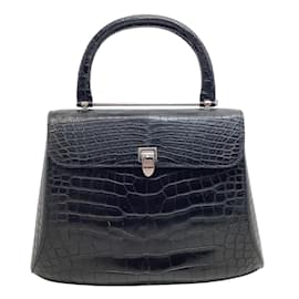 Autre Marque-Asprey Black Crocodile Leather Top Handle Bag-Black