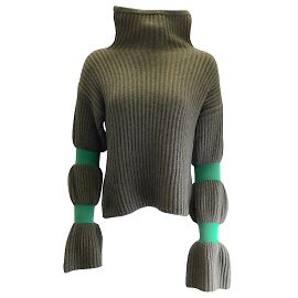 Stella Mc Cartney Stella McCartney Strickpullover aus Kaschmir und Wolle in Olivgrün mit Streifendetail Grün