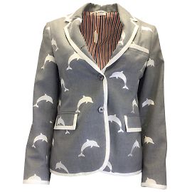 Thom Browne Grey / White Dolphin Embroidered Grosgrain Trim Wool Blazer Grey