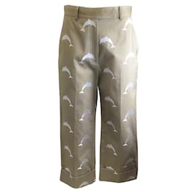 Thom Browne Tan / Weiße, mit Delfinen bestickte, verkürzte Wollhose / Hose Kamel