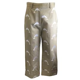 Thom Browne-Thom Browne Tan / White Dolphin Embroidered Cropped Wool Pants / trousers-Camel