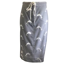 Thom Browne-Thom Browne Grey / White Dolphin Embroidered Wool Board Skirt-Grey