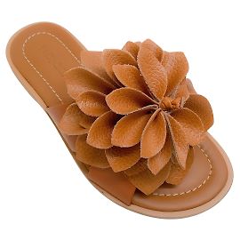 See by Chloé See by Chloe Tan Leather Magnolia Flower Flat Slide Sandals Brown