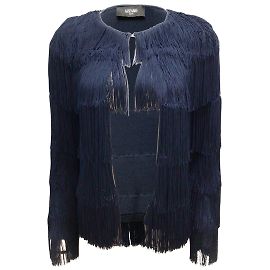 Marineblaue, dehnbare Strickjacke mit Fransen von Azzaro Blau