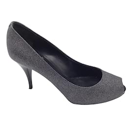 Giuseppe Zanotti-Giuseppe Zanotti Black / Grey Textured Leather Open-toe Pumps-Black