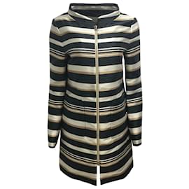 Herno-Herno black / ivory / Tan Striped Full Zip Mid Length Coat-Black