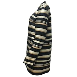 Herno-herno negro / Marfil / Abrigo de longitud media con cremallera completa a rayas color canela-Negro